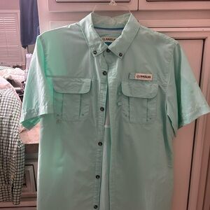 Magellan Outdoors youth Button Down Shirt - has TEAR IN SLEEVE. Seafoam green